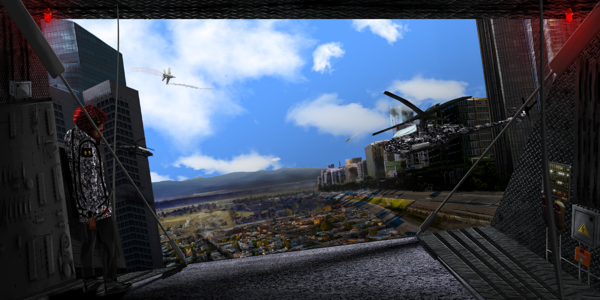 A solider in a flying vehicle looking at the warzone