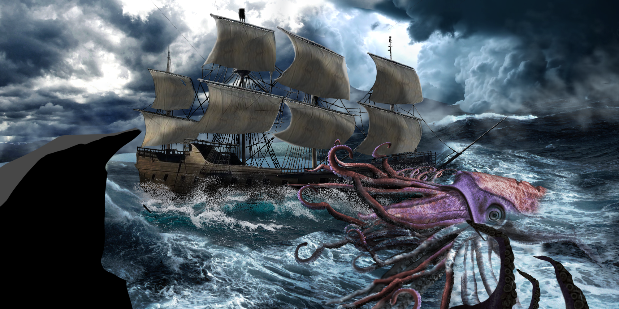 A warship in ruff waters, getting attacked by a Octupus