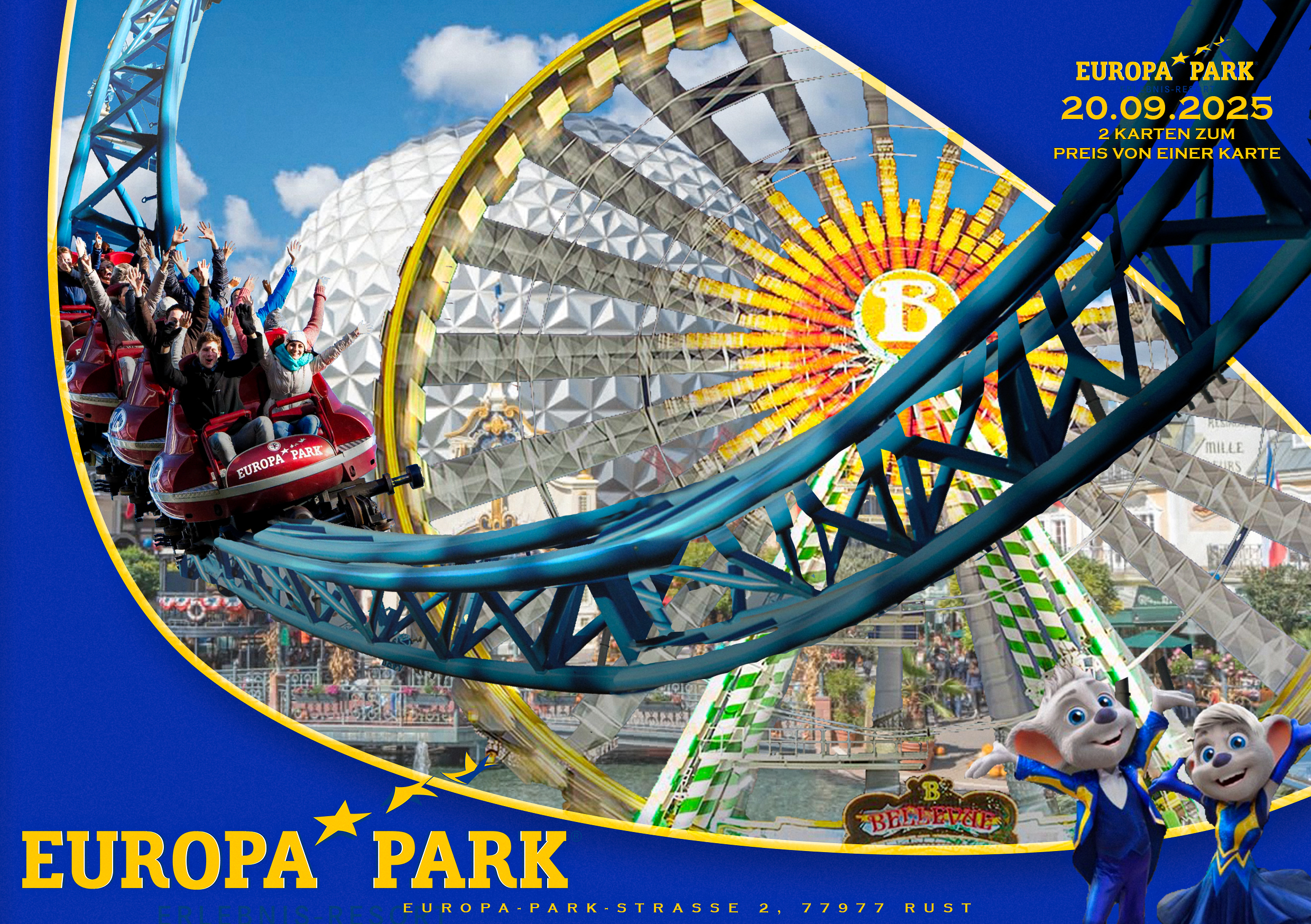 A poster showing a rollercoaster and a Ferri wheel in the background