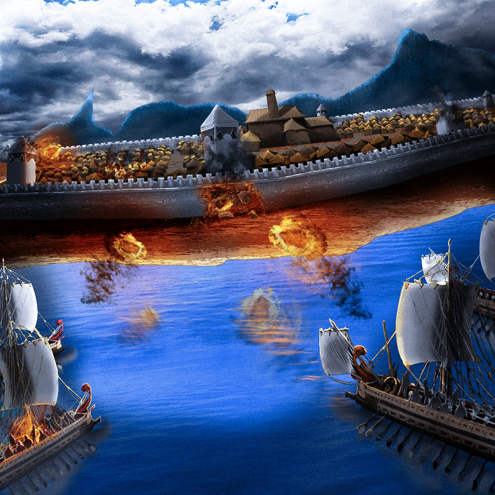 Galleys sieging a city